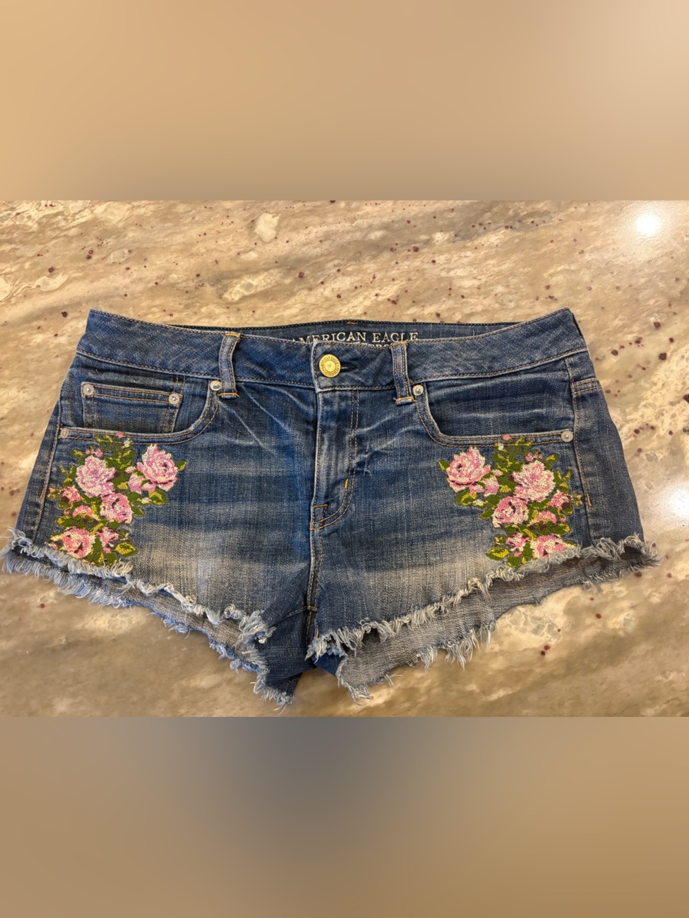 American Eagle Outfitters Denim Cutoff Shorts with Pink Floral Embroidery